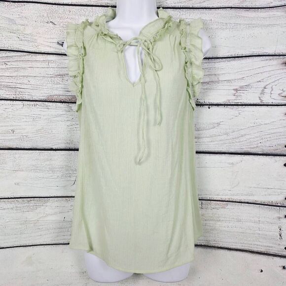 Mine Sage Green Ruffle Tie Neck Sleeveless Blouse Size M - Picture 1 of 9